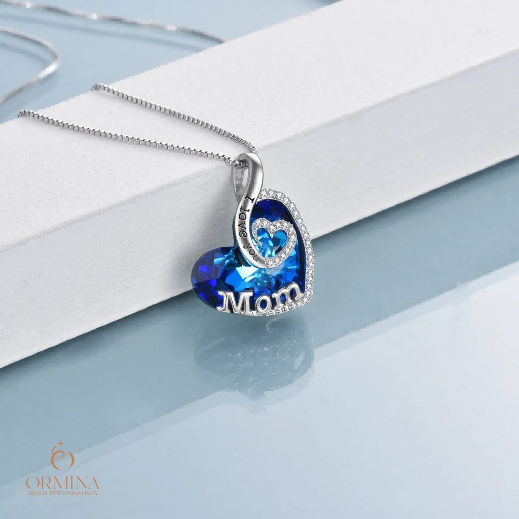 collier cœur je t'aime maman en cristal bleu - argent s925