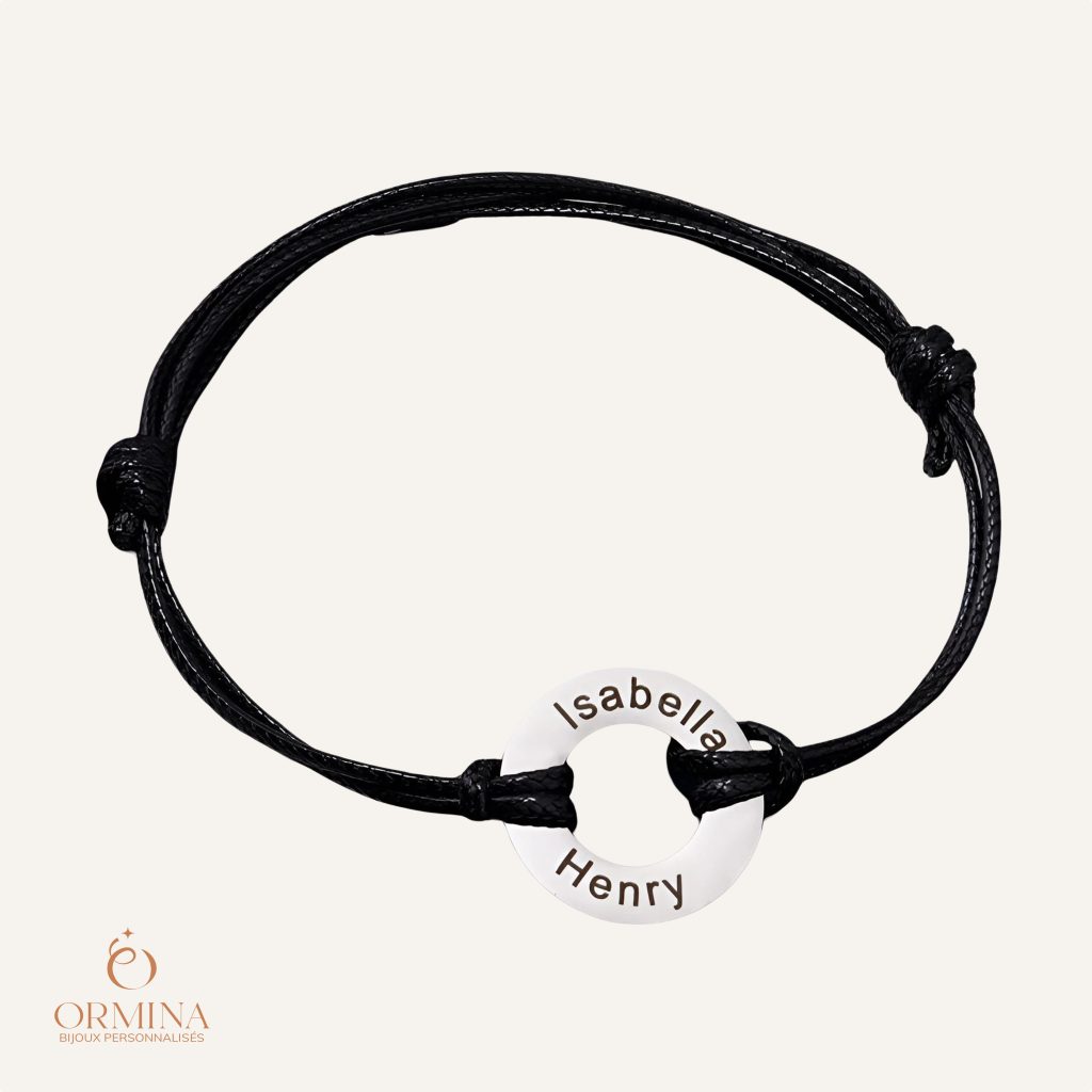 bracelet cordon personnalisé, anneau en acier inoxydable