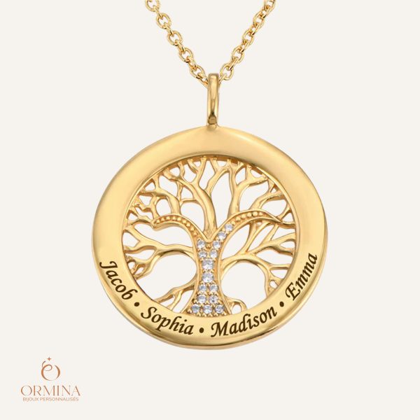 collier arbre de vie en plaqué or avec pierres en zircon
