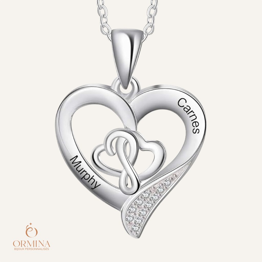 collier cœur personnalisé avec 2 prénoms - argent s925