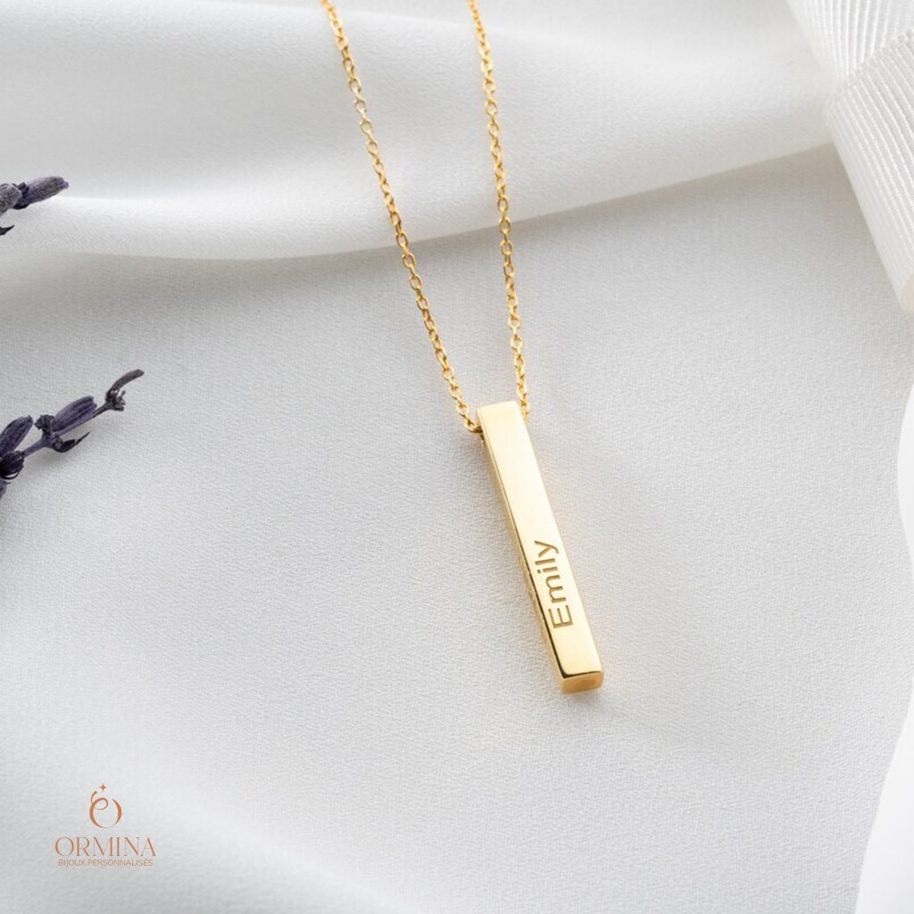 collier barre 3d gravée - argent sterling