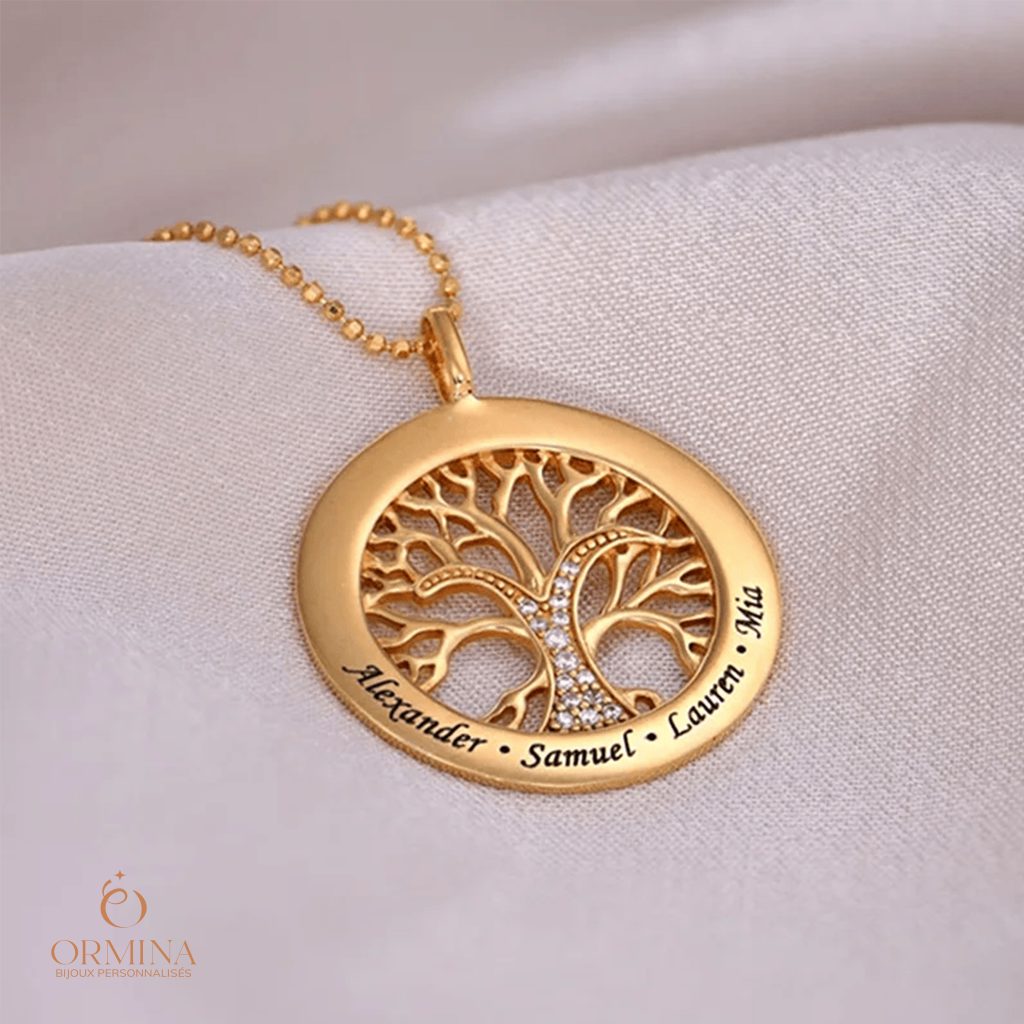 collier arbre de vie en plaqué or avec pierres en zircon