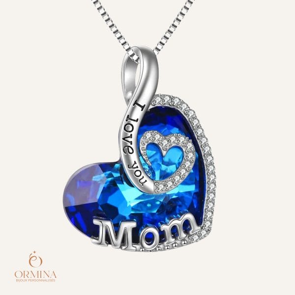 collier cœur je t'aime maman en cristal bleu - argent s925