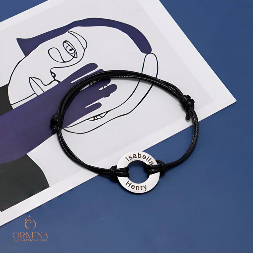 bracelet cordon personnalisé, anneau en acier inoxydable