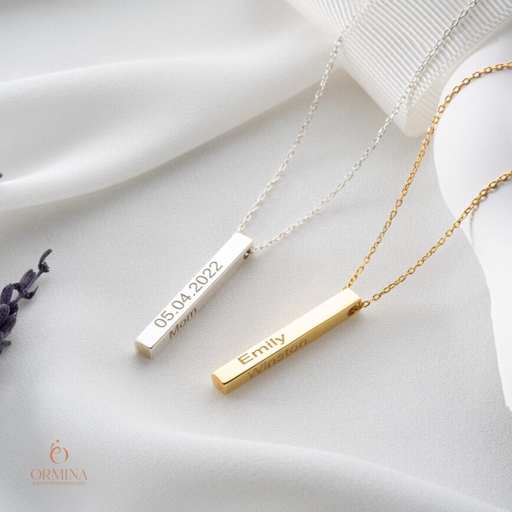 collier barre 3d gravée - argent sterling