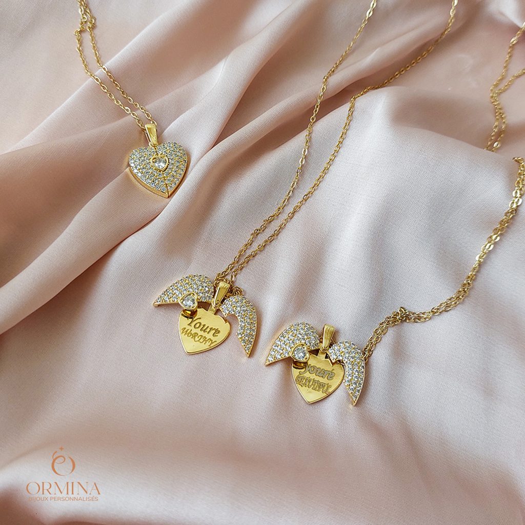 collier cœur ailes d'ange à personnaliser