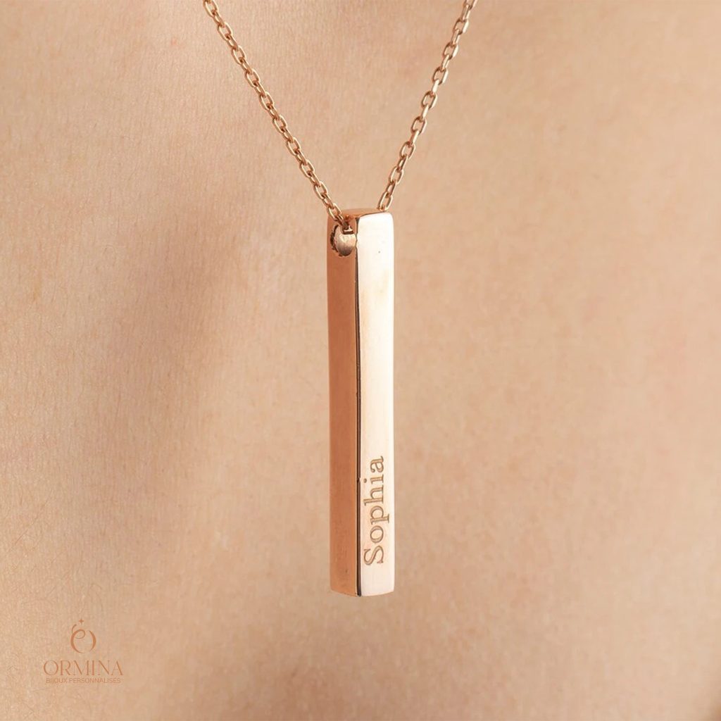 collier barre 3d gravée - argent sterling